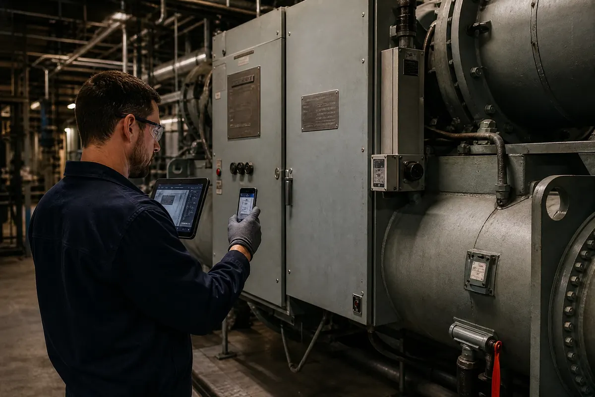 Equipment specialist documenting a chiller nameplate